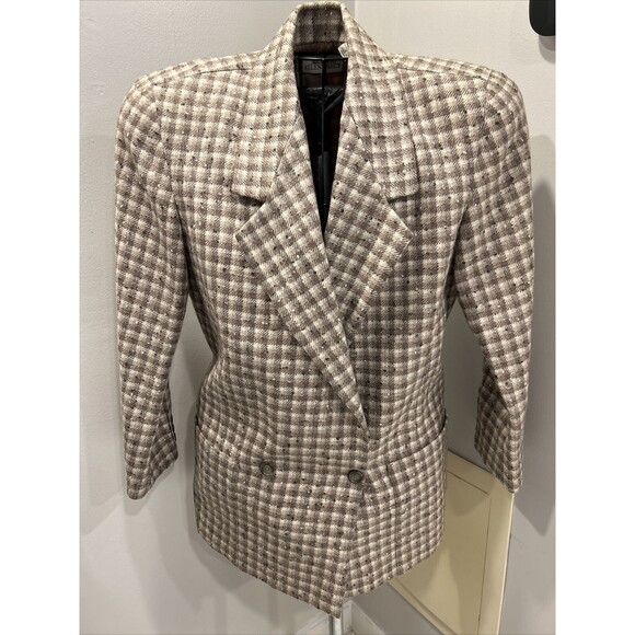 Linda Allard Ellen Tracy 8 Tan Plaid Check Wool Blazer - Picture 1 of 6